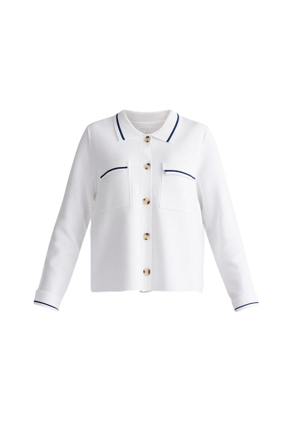 Paisie Contrast Detail Top in White and Navy Cut Out